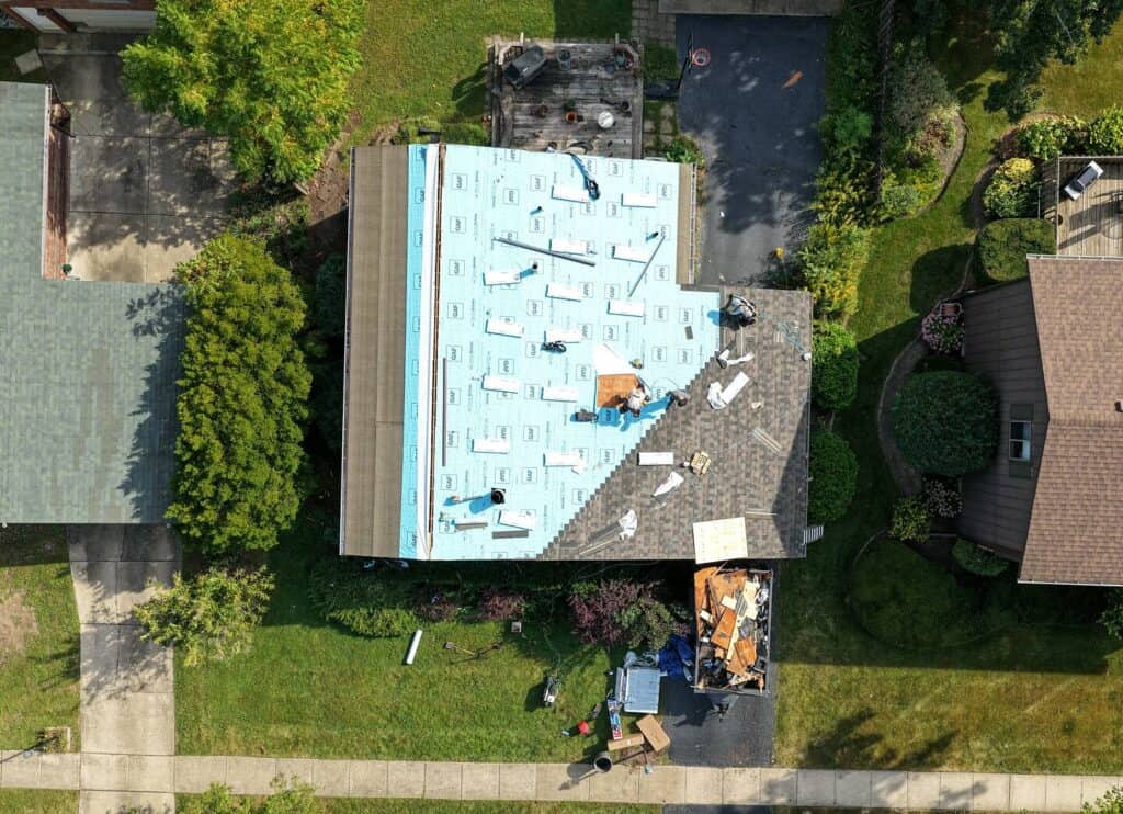 Aerial view of a Proliance roof replacement in progress